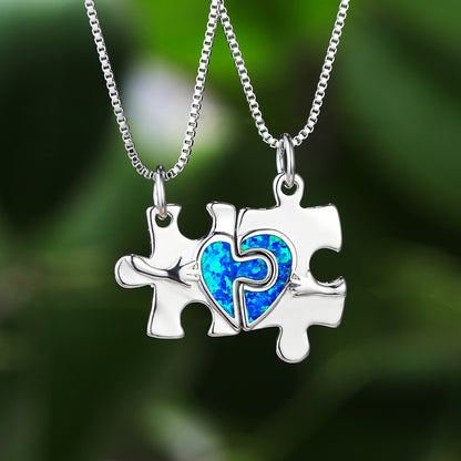 Blue Opal Puzzle Heart Set Necklace