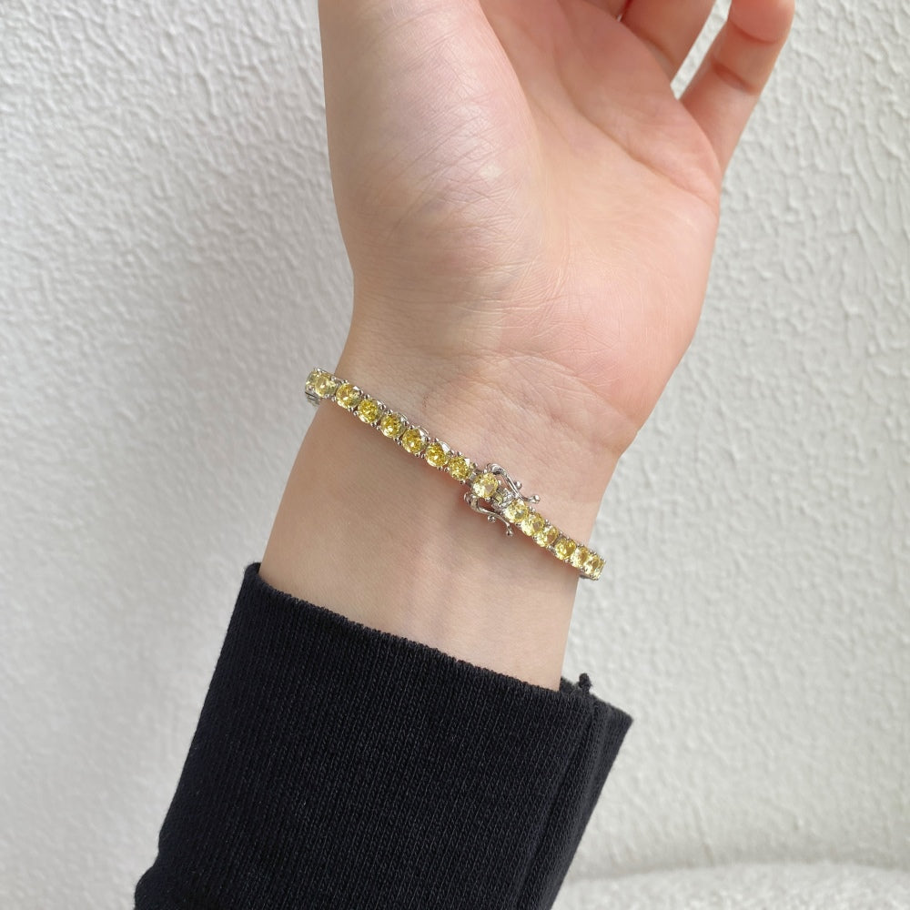 Women's High‑End Fashion Tennis Bracelet, Round Yellow Sapphire Paved Inlay, S925 with White Gold Plating