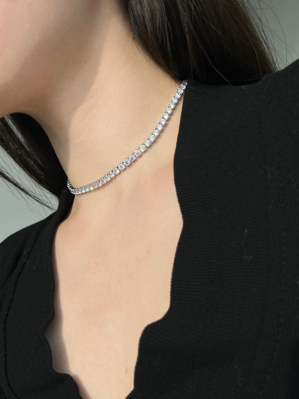 S925 Tennis Necklace, Prong Set Single Row Square CZ, Sparkling Full Zircon Hip Hop Extended Chain Choker