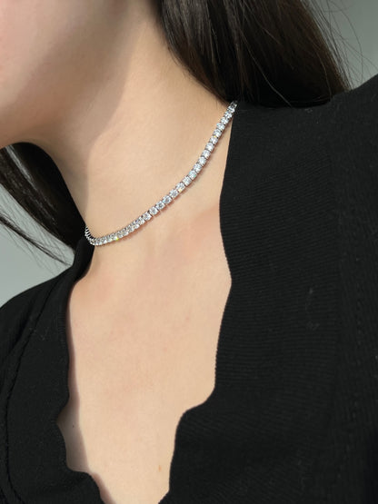 S925 Tennis Necklace, Prong Set Single Row Square CZ, Sparkling Full Zircon Hip Hop Extended Chain Choker
