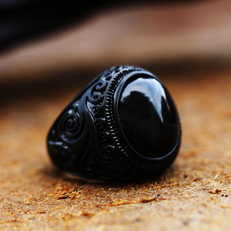 Men's Vintage Carved And Inlaid Tiger's Eye Stone Black And White Turquoise Titanium Steel Ring