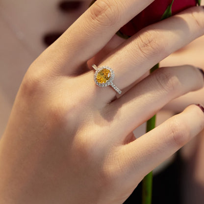 Women's S925 Silver White Gold Tone Ring, Yellow Oval Zircon Inlaid Fashion Ladies Ring