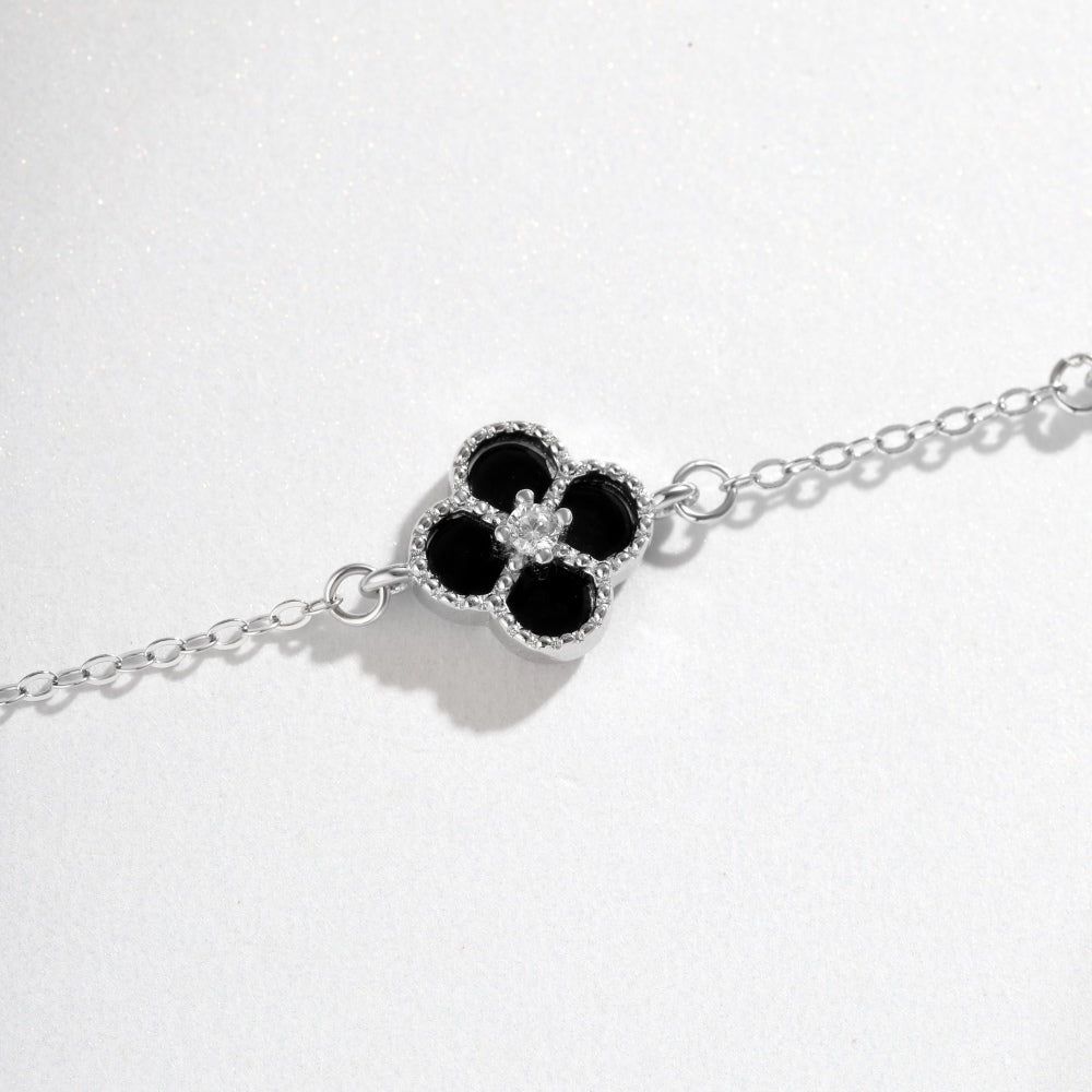 Women's Bracelet, Black Shell Inlaid Clover With Black Onyx & Zirconia, S925 with White Gold Plating