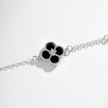Women's Bracelet, Black Shell Inlaid Clover With Black Onyx & Zirconia, S925 with White Gold Plating