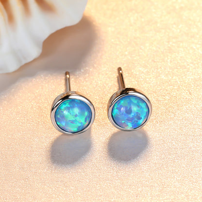 Women's Bezel‑Set Round Stud Earrings, Blue Opal / White Opal