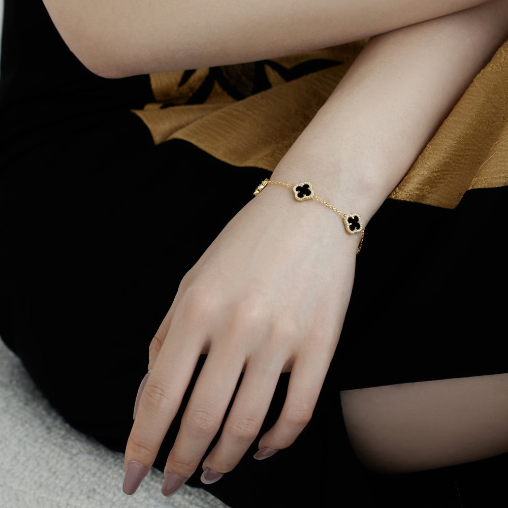 Women's Delicate Bracelet, Black Onyx & Round White Zirconia Inlay Clover Design, S925 with 18K Gold Plating