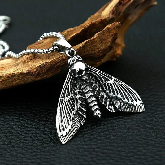 Men's Vintage Death Skull And Moth Pendant Necklace
