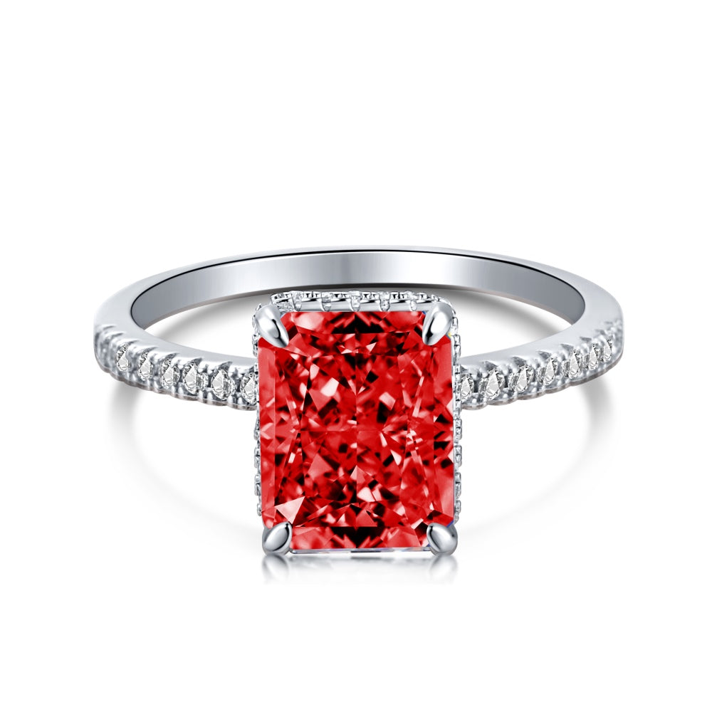 Women's Square Ice Flower Cut Red Zirconia Fashion Ring, S925 with White Gold Plating
