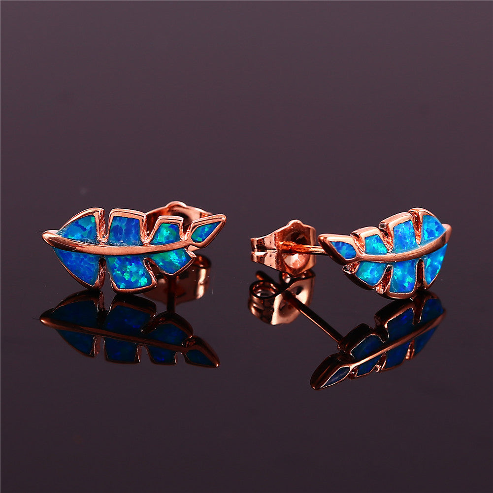 Women's Feather Shape Stud Earrings Inlaid With Blue Opal, with Rose Gold Plating