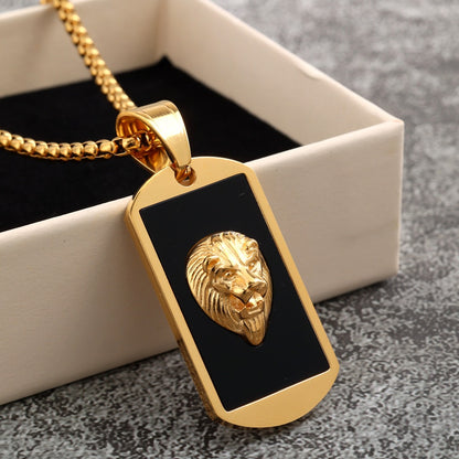 Vintage Stainless Steel Lion Dog Tag Pendant Necklace for Men