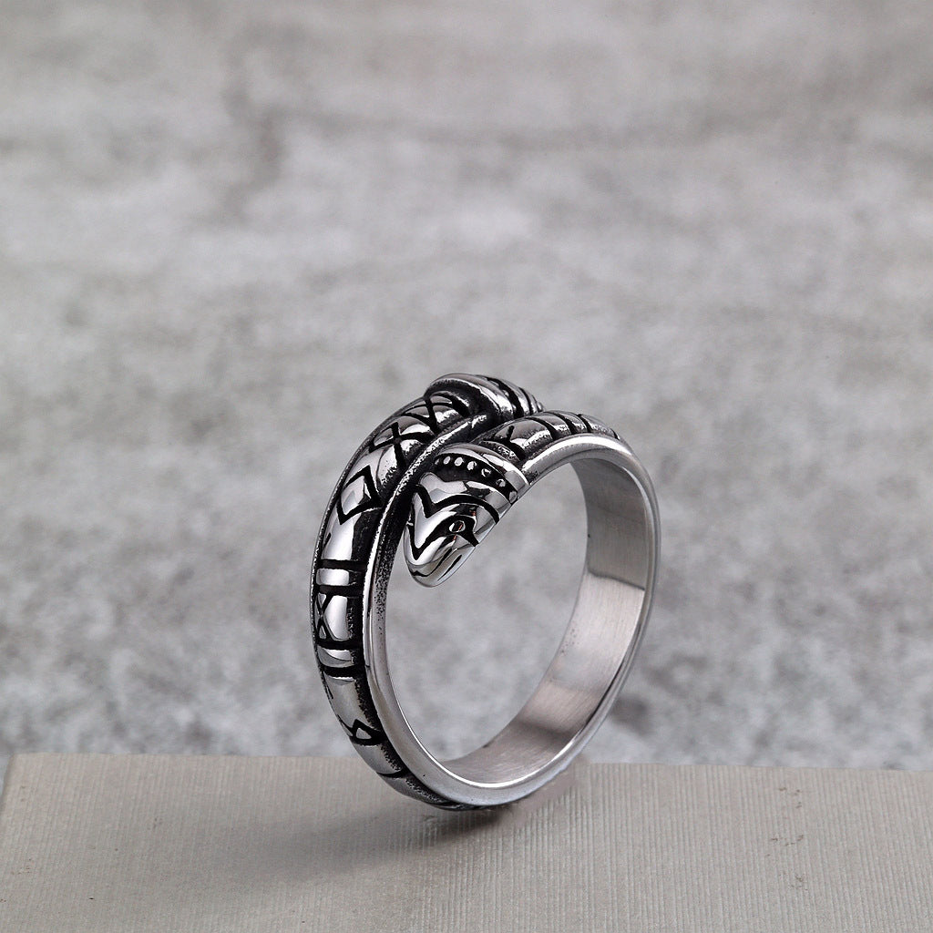 Vintage Stainless Steel Narrow Band Viking Script Symbol Snake Ring for Men