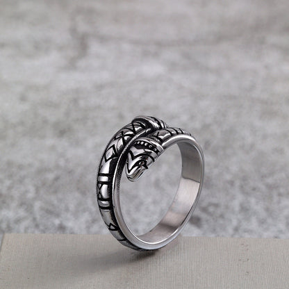 Vintage Stainless Steel Narrow Band Viking Script Symbol Snake Ring for Men