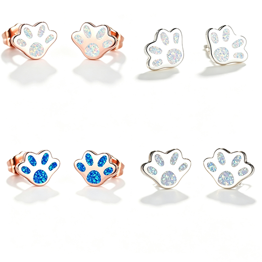 Women's Paw‑Shape Blue / White Opal Stud Earrings, with Rose Gold Plating / White Gold Plating