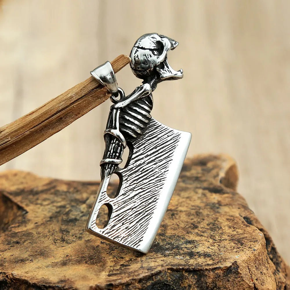 Mens Steel Skeleton Cleaver Pendant Necklace