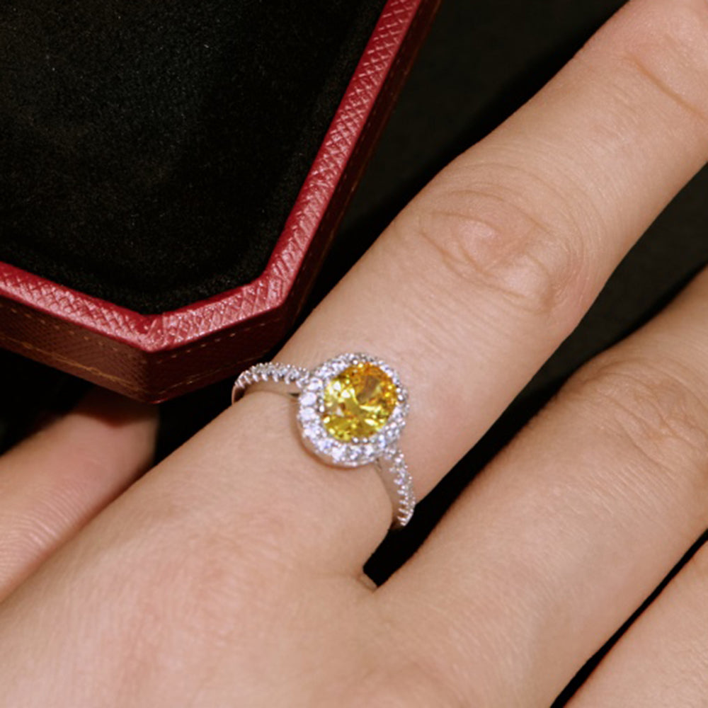 Women's S925 Silver White Gold Tone Ring, Yellow Oval Zircon Inlaid Fashion Ladies Ring
