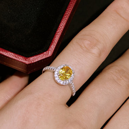 Women's S925 Silver White Gold Tone Ring, Yellow Oval Zircon Inlaid Fashion Ladies Ring