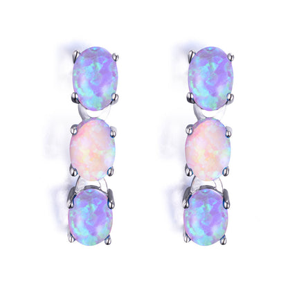 Women's Three‑Oval Opal Linked Dangle Drop Earrings, with White Gold Plating