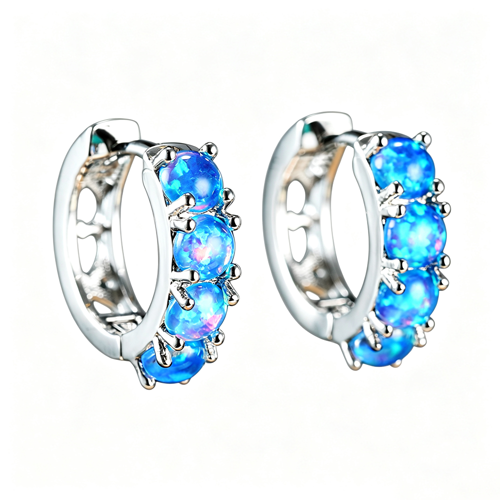 Women's C Shape Hoop Inlaid Round Blue & White Opal Huggie Earrings, White Gold Plating