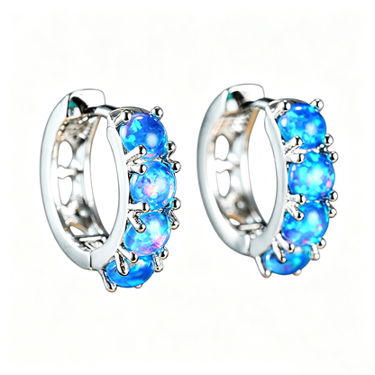 Women's C Shape Hoop Inlaid Round Blue & White Opal Huggie Earrings, White Gold Plating