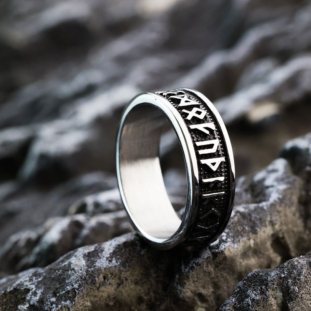 Vintage Nordic Stainless Steel Narrow Band Viking Rune Ring for Men
