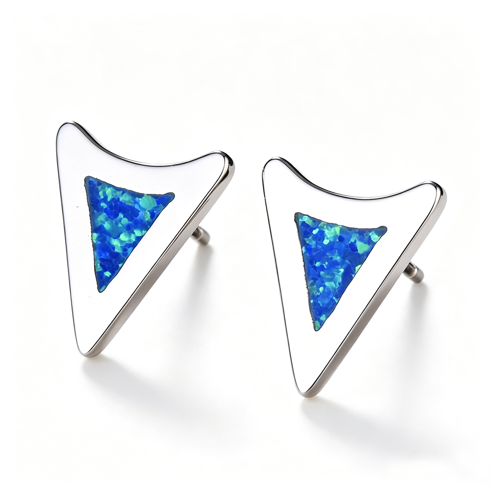 Women's Irregular Triangle Blue & White Opal Bezel Stud Earrings, White Gold Plating