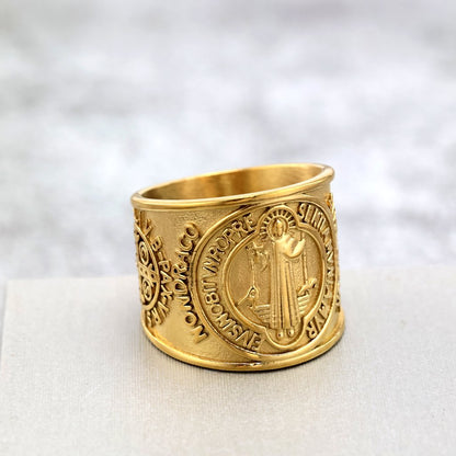 Vintage Stainless Steel Wide Band St. Benedict Exorcism Cross Ring for Men