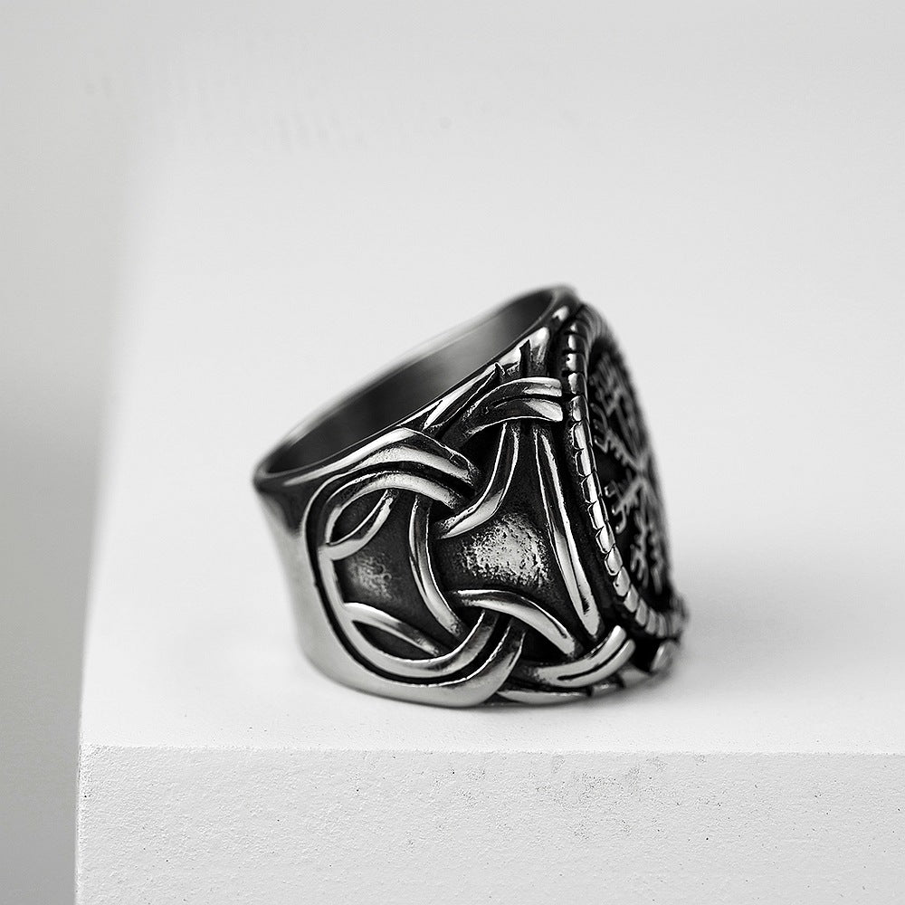 Vintage Antique Oxidized Solid Stainless Steel Norse Viking Aegishjalmur Helm of Awe Celtic Knot Wide Signet Band Ring for Men