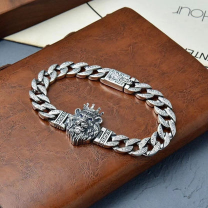 Men's Vintage Crown Lion Head Engraved Curb Bracelet