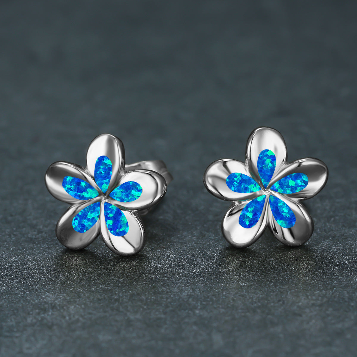 Women's 3D Five-Petal Flower Stud Earrings Inlaid With White & Blue Opal