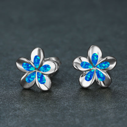 Women's 3D Five-Petal Flower Stud Earrings Inlaid With White & Blue Opal
