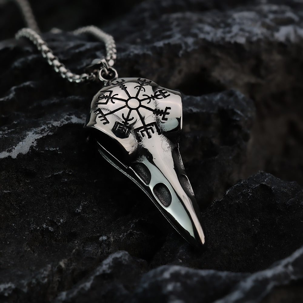 Vintage Stainless Steel Men's Viking Raven Head Pendant Necklace