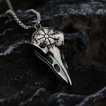 Vintage Stainless Steel Men's Viking Raven Head Pendant Necklace