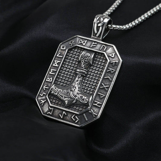 Vintage Stainless Steel Viking Rune Hammer Tag Pendant Necklace for Men