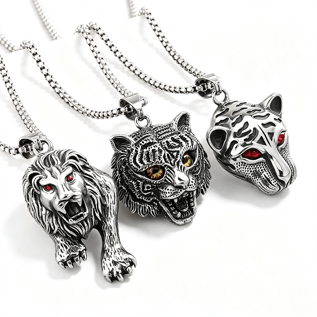 Vintage Stainless Steel Tiger Lion Leopard Pendant Necklace for Men