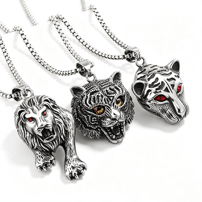 Vintage Stainless Steel Tiger Lion Leopard Pendant Necklace for Men