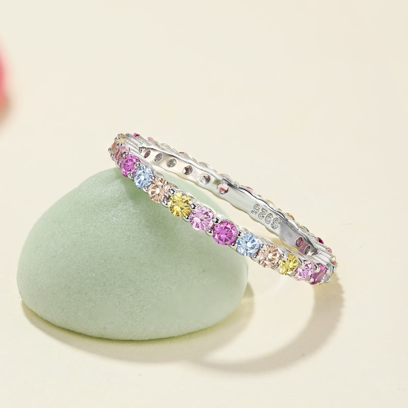 Women's Multicolor Round Zirconia Paved Stackable Narrow Band Ladies Ring, S925 with White Gold Plating