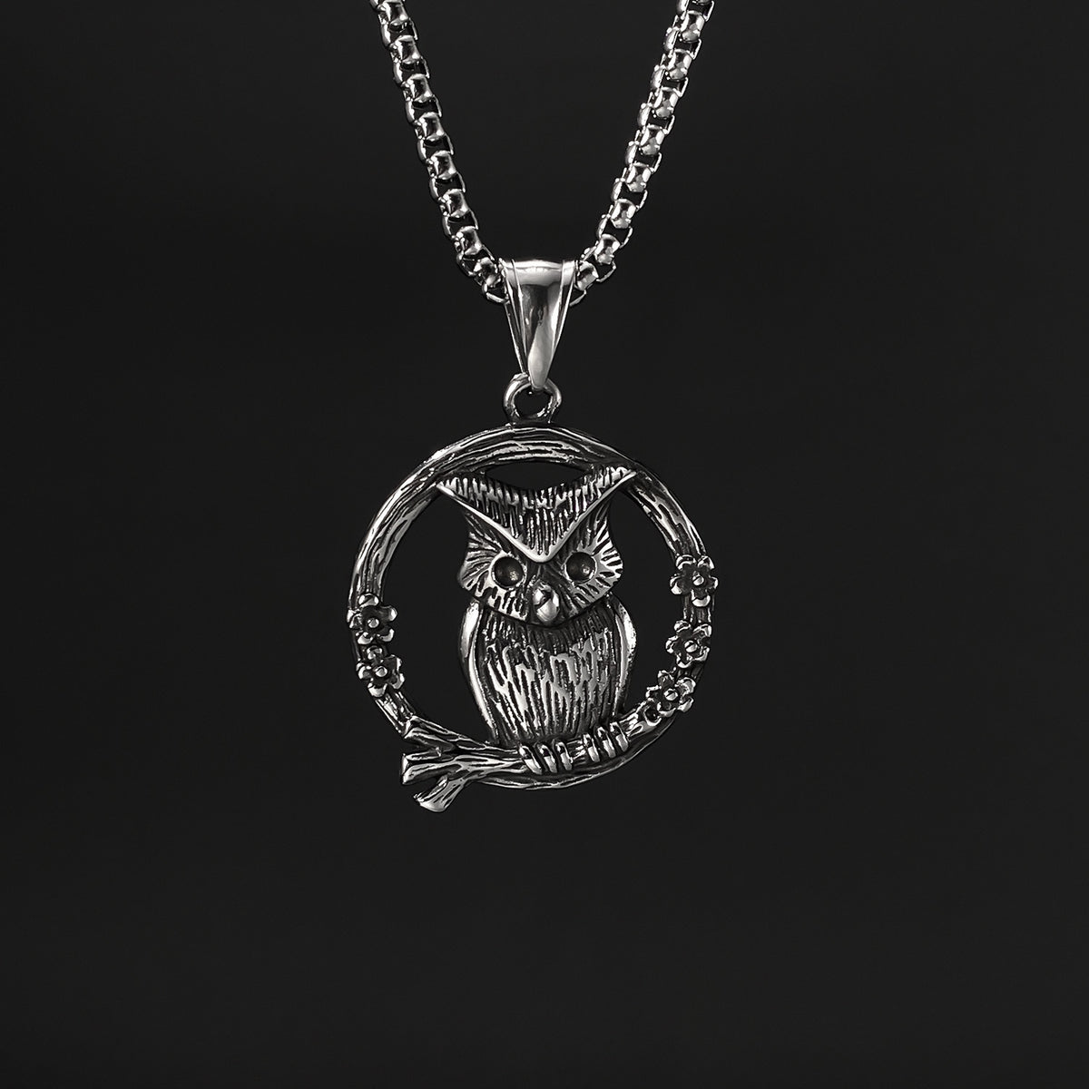 Men's Steel Owl Round Pendant Necklace
