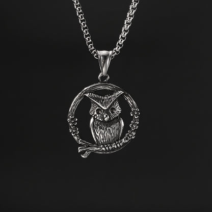 Men's Steel Owl Round Pendant Necklace