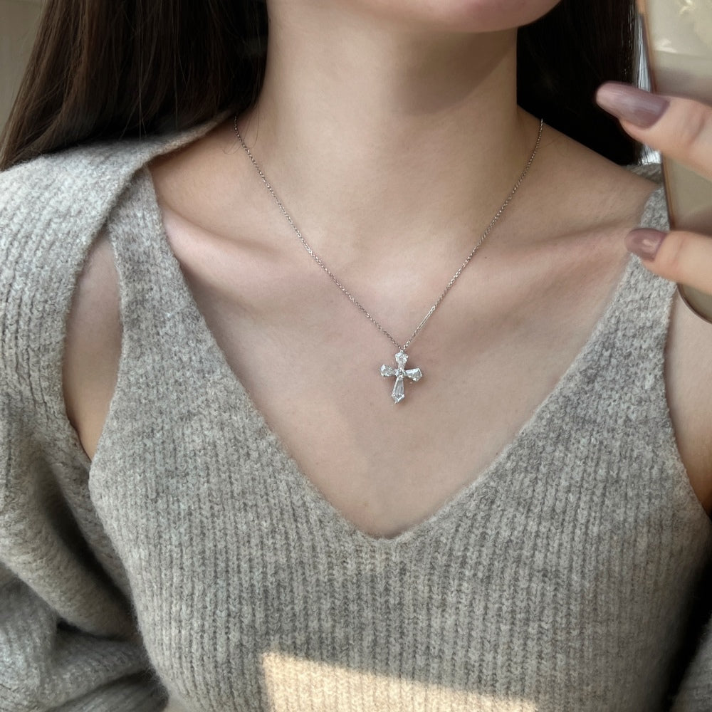 Women's Cross Pendant Necklace, Spliced Pentagon Clear Zirconia, S925 with White Gold Plating