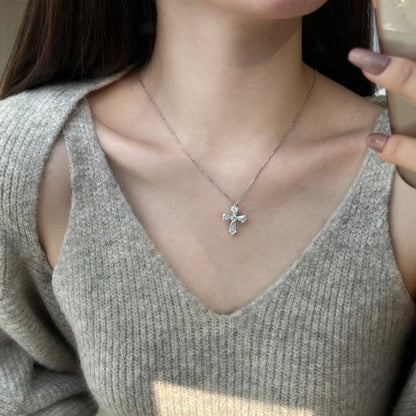 Women's Cross Pendant Necklace, Spliced Pentagon Clear Zirconia, S925 with White Gold Plating