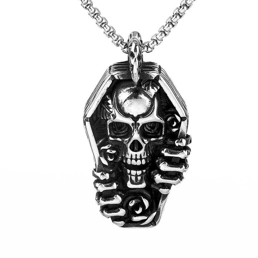 Men's Steel Coffin Skull Hand With Rose Pendant Necklace