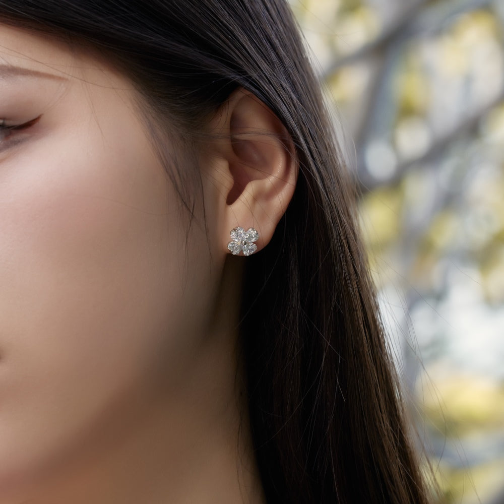 Women's Clover Stud Earrings, Heart‑Shape Clear Zirconia with Bead Accent, S925 with White Gold Plating