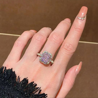 Women's White Gold Rectangle Pink Gem Adjustable Halo Ring