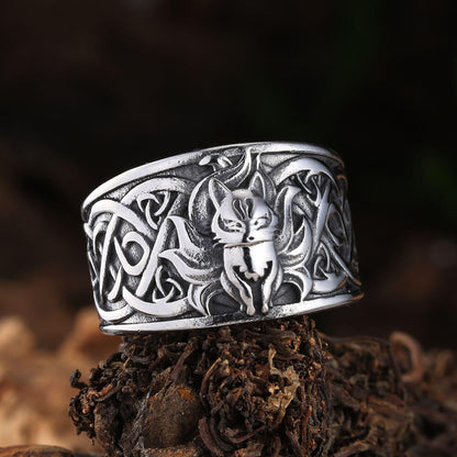 Vintage Nordic Solid Stainless Steel Viking Nine-Tailed Fox Ring for Men