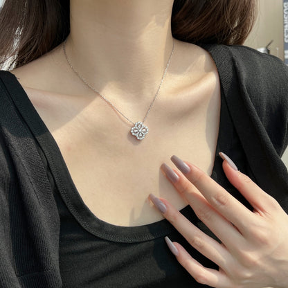 Women's Clover Pendant Necklace, Paved Zirconia Inlay, S925 with White Gold Plating
