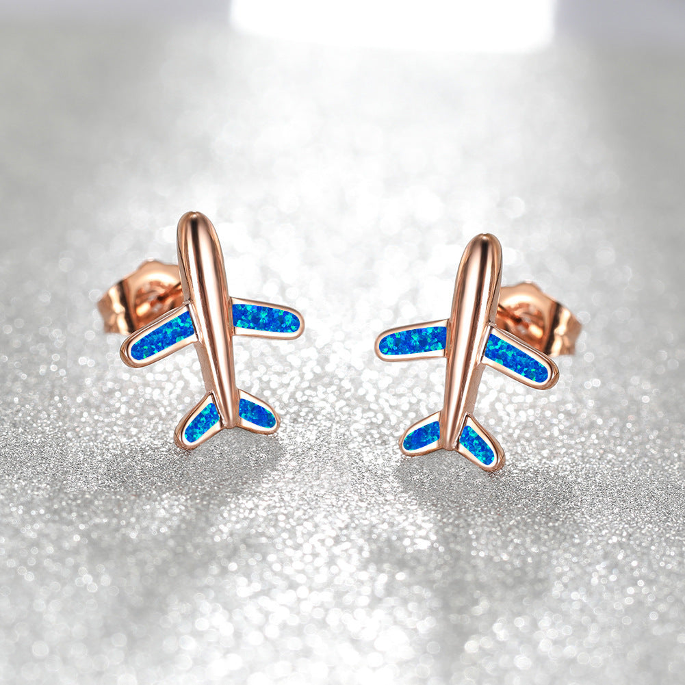 Women's Airplane‑Shape Stud Earrings, White Opal / Blue Opal