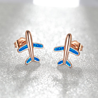 Women's Airplane‑Shape Stud Earrings, White Opal / Blue Opal