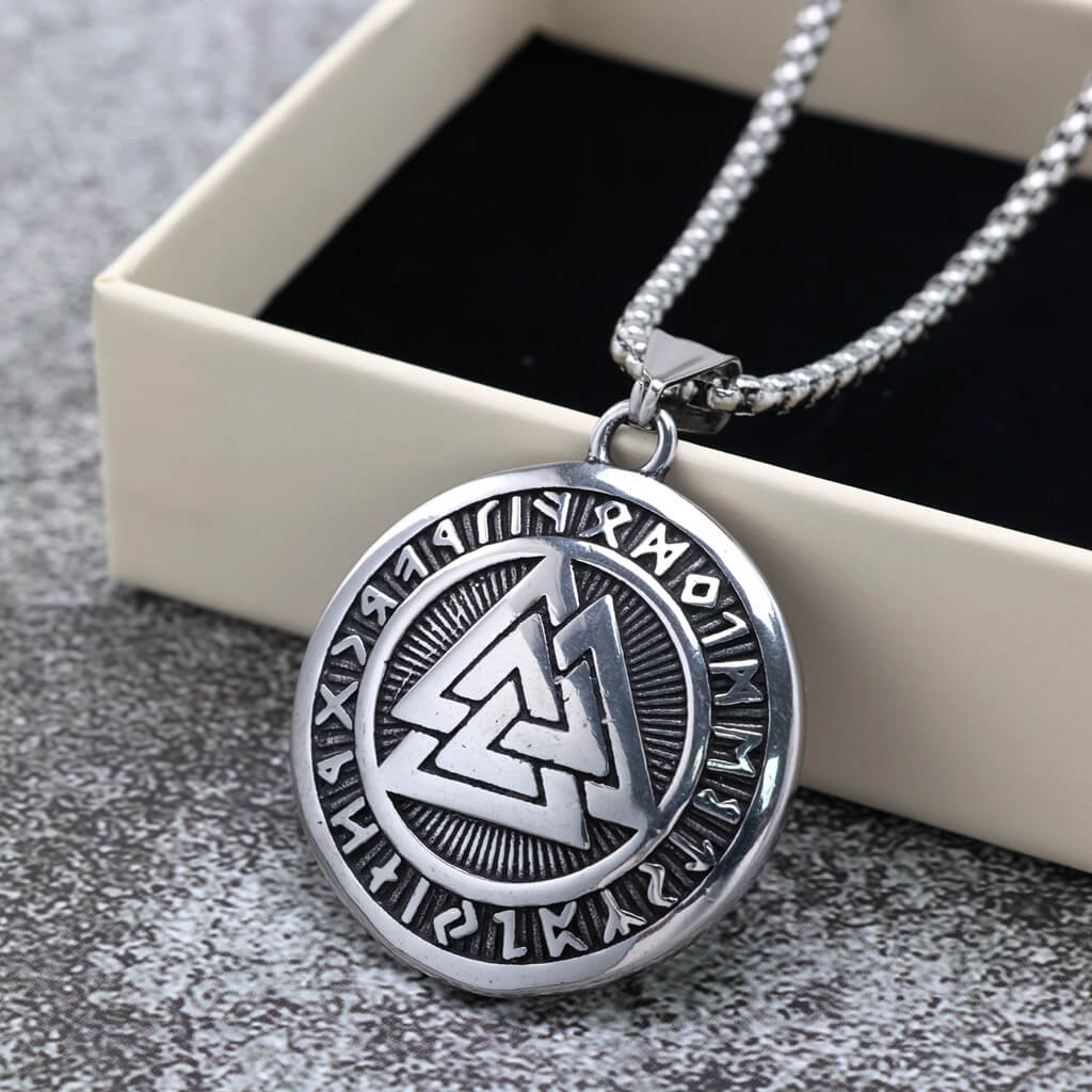 Men's Steel Viking Valknut Rune Round Tag Pendant Necklace