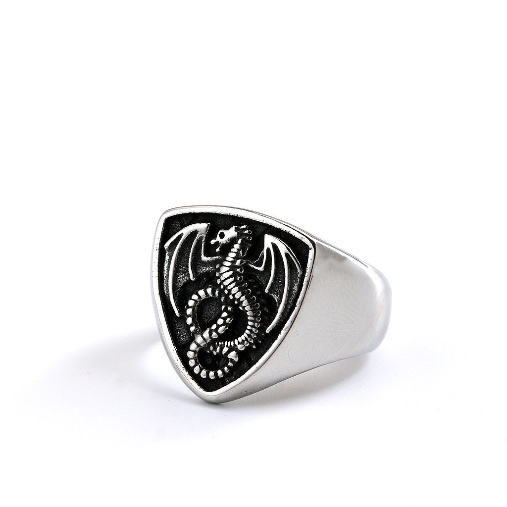 Vintage Solid Stainless Steel Shield Dragon Signet Ring for Men