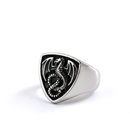 Vintage Solid Stainless Steel Shield Dragon Signet Ring for Men